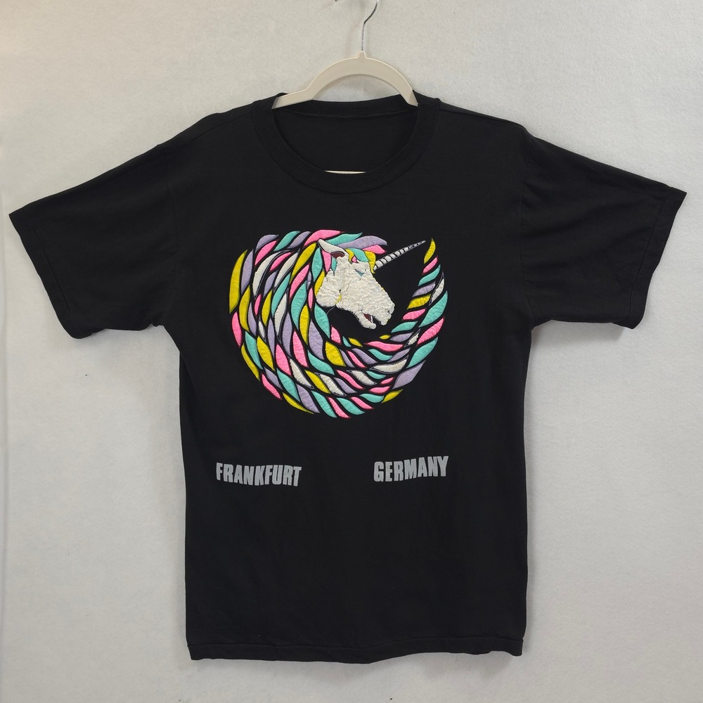 Frankfurt Germany Unicorn T Shirt Black Puff Print Graphic Tee Unisex M